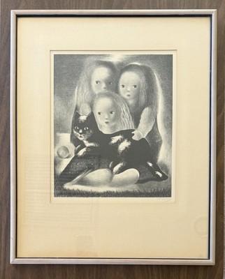 mid century ''Listen'' lithograph by Nura Woodson Ulreich, signed, matted & framed