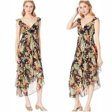 Show Me Your Mumu Tropical Bird Floral Ruffle Y2K Asymmetrical Midi Dress Large