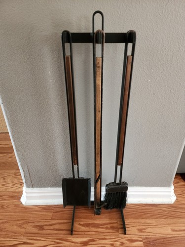 Mid Century Minimal Hanging Danish Style Fireplace Tool Set Vintage Iron Wood