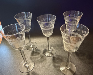 Etched Cordial Glass 6" tall.  Vintage 1940s set of 5