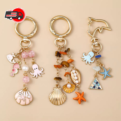 Summer Beach Shell Octopus Starfish Keychain Marine Life Key Ring Women Gift