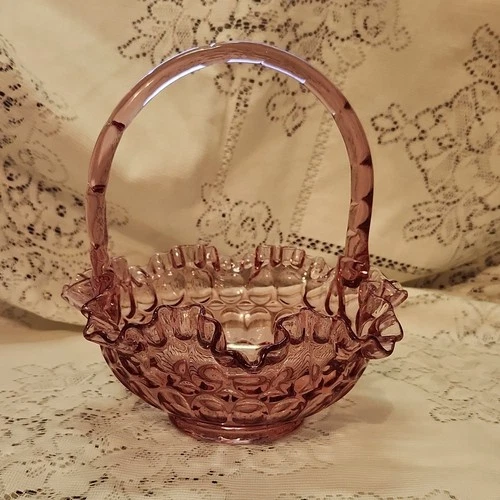 Vtg. Fenton Colonial Pink Thumbprint Selenium Art Glass Basket