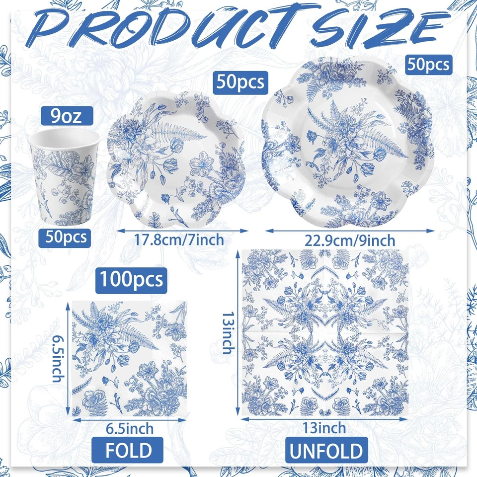 250 Pcs Blue Floral Disposable Plates and Napkins Blue and White Floral Paper... - Image 2 of 4