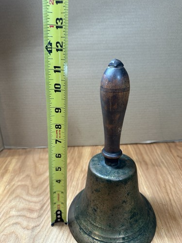 Large Antique Hand Bell Etched Brass Wood Handle Unique Ship Railroad School - Picture 6 of 6