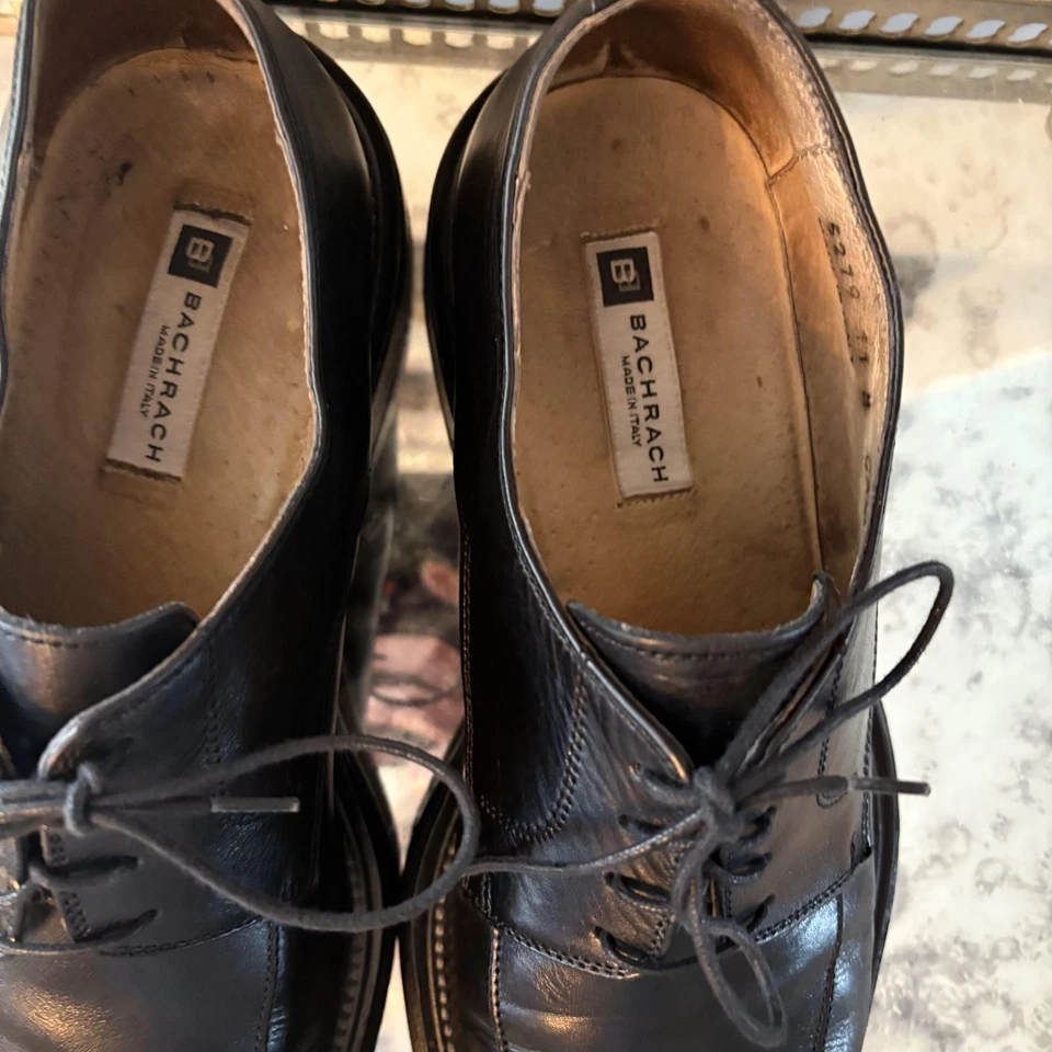 Bachrach Shoes Mens Size 11 Made in Italy Leather Derby Apron Toe Black Dress - Image 3 of 4