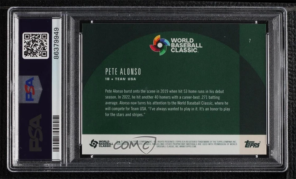 2023 World Baseball Classic Global Stars Aqua Blue /99 Pete Alonso #7 PSA 9 MINT - Image 2 of 2