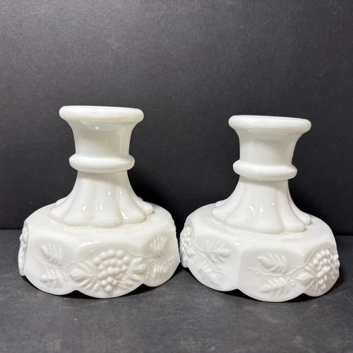 Vtg Westmoreland Paneled Grape Milk Glass Pair 4" Candle Stick Candle Holders
