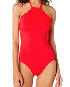 red scalloped one piece swimsuit