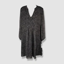 MSK Women's Black Printed Pintucked Split Neck Long Sleeve Dress Size 14