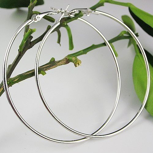 7 cm klassische Edelstahl dünne glänzende Silber Creolen Damen High Fashion Ohrringe - Bild 4 von 9