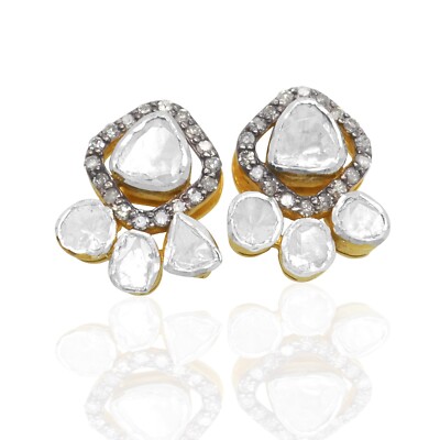 925 Sterling Silver 18k Gold Plated Rhodium Natural Diamond Polki Studs Tops