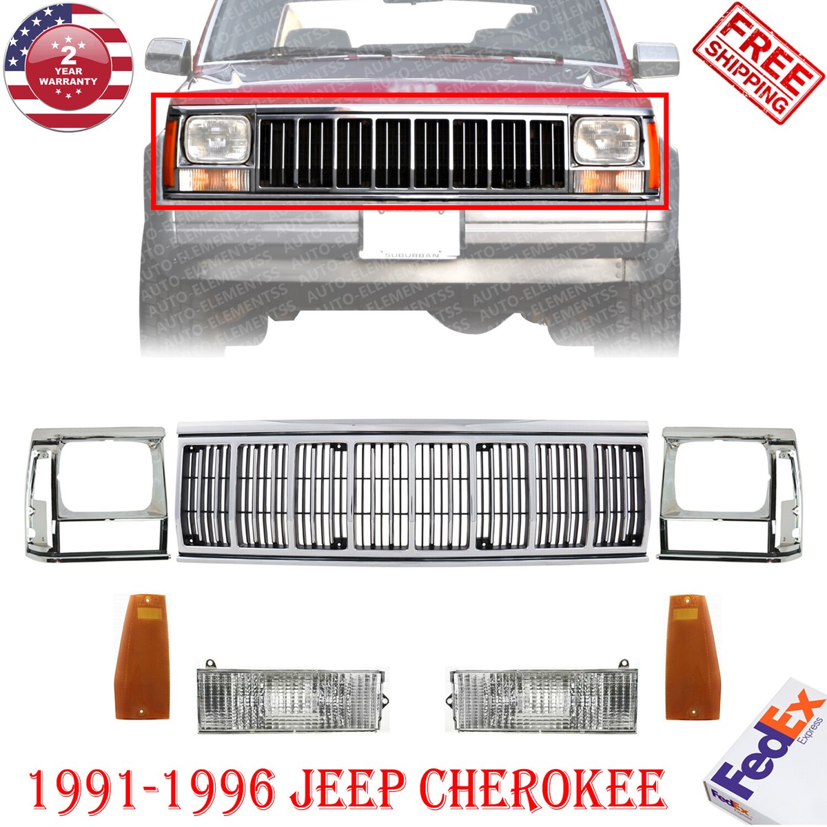 Chrome Grille Assembly + Headlight Bezel + Light Kit For