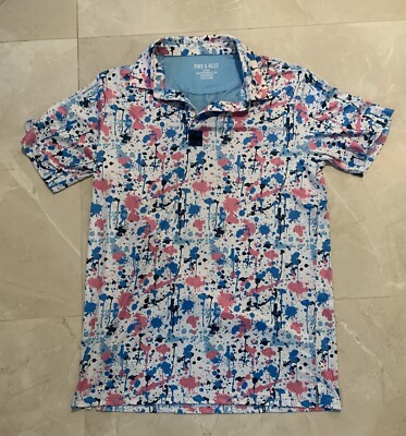 Pin and Aces Polo Mens Medium White Paint Spatter Performance Golf Shirt
