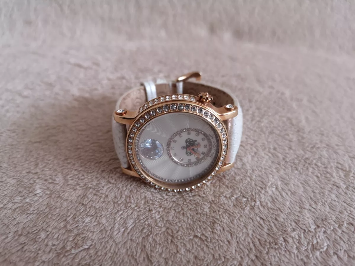 Juicy Couture Watch Women Queen Jubilee Swarovski Cryst. Gold White Leather Band