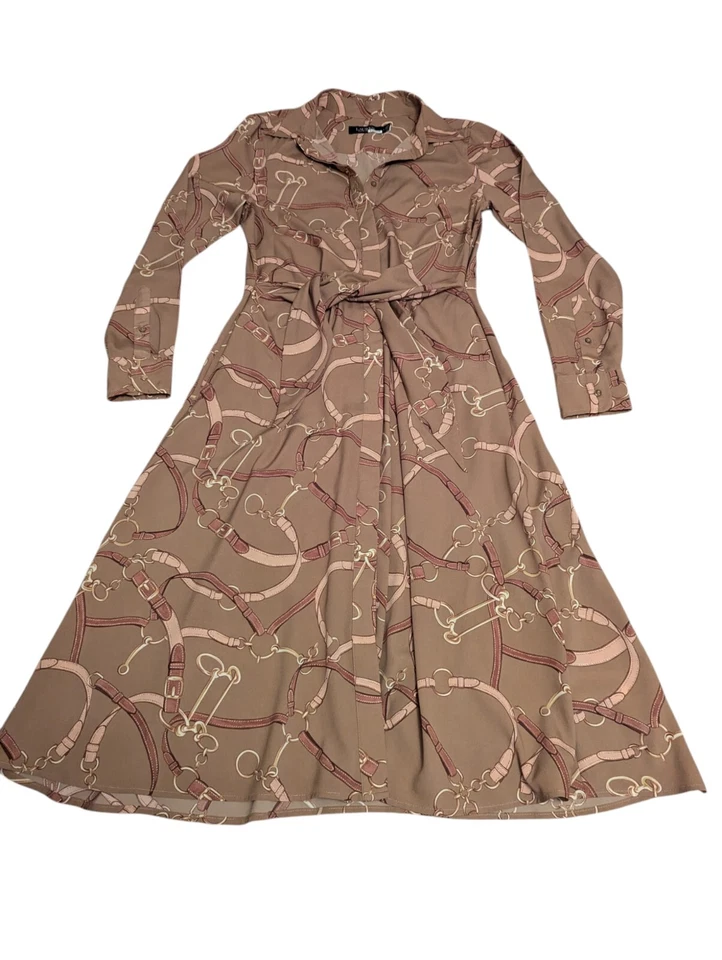 Ralph Lauren Black Label Tan Belting Print Tie Front Crepe Shirt DressSize 4 - Image 2 of 4