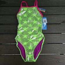 TYR The Finals Women Astrofoil Swimsuit Flutterback Green Star - Size 28 New