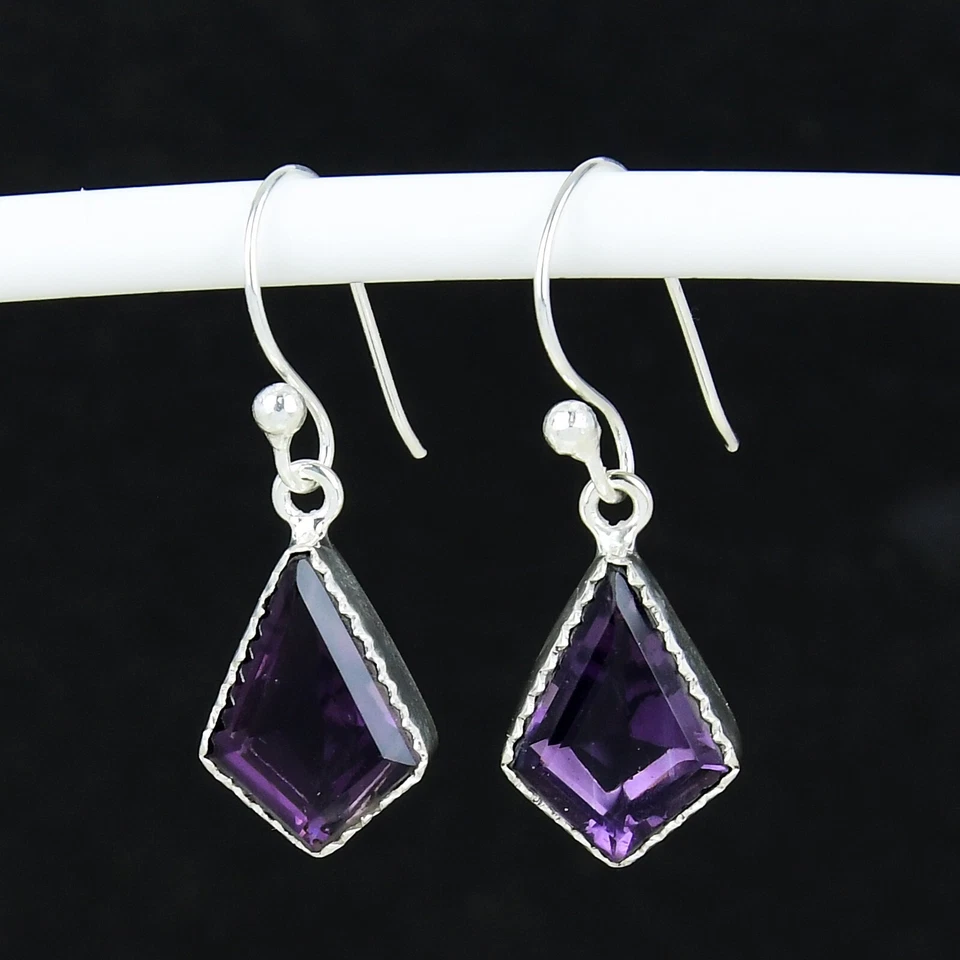 Orecchini In Argento Sterling 925 Con Gemma Di Ametista Fatti A Mano Per Regalo - Immagine 4 di 4