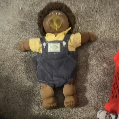 Cabbage Patch Kids Boy Baby Doll Curly Dark Brown Hair Soft Body Denim Overalls