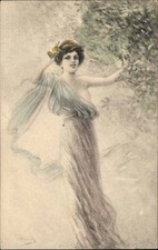 A/s ARTIST SIGNED Beautiful Woman Ethereal Gown Dress Antique Postcard