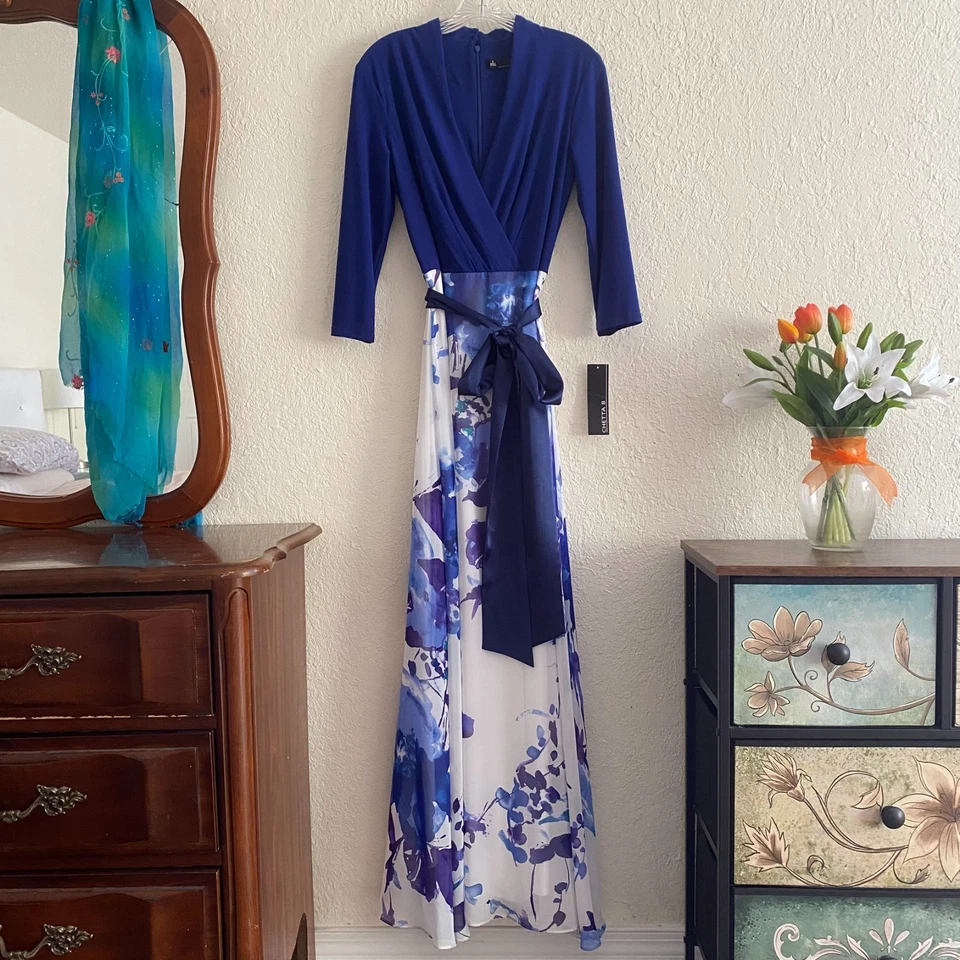 Nuevo Maxi Vestido Chetta B 6/8 Acuarela Floral Azul Marino Invierno Blanco Vestido Nuevo con Etiquetas Foto 3 de 4