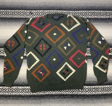 VTG Finalist Knit Sweater Grandpa Fisherman Mens L Green Geometric Heavyweight