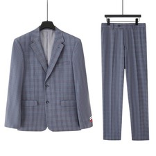 Men's Gray-Blue Checkered Polyester Classic Slim Fit 2-Piece Suit Evening Tuxedo