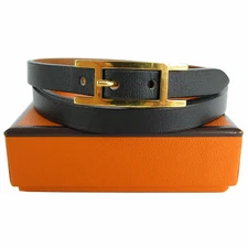 Hermes Api Leather & Metal Bracelets Black & Gold Used