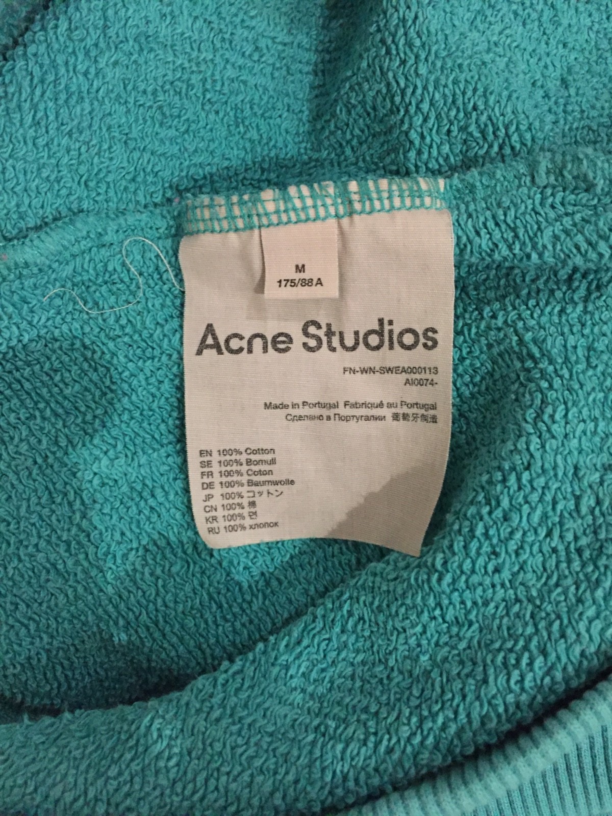Rare ACNE STUDIOS Dog-Patch Turquoise Cotton Sweatshirt Unisex Size M image 10