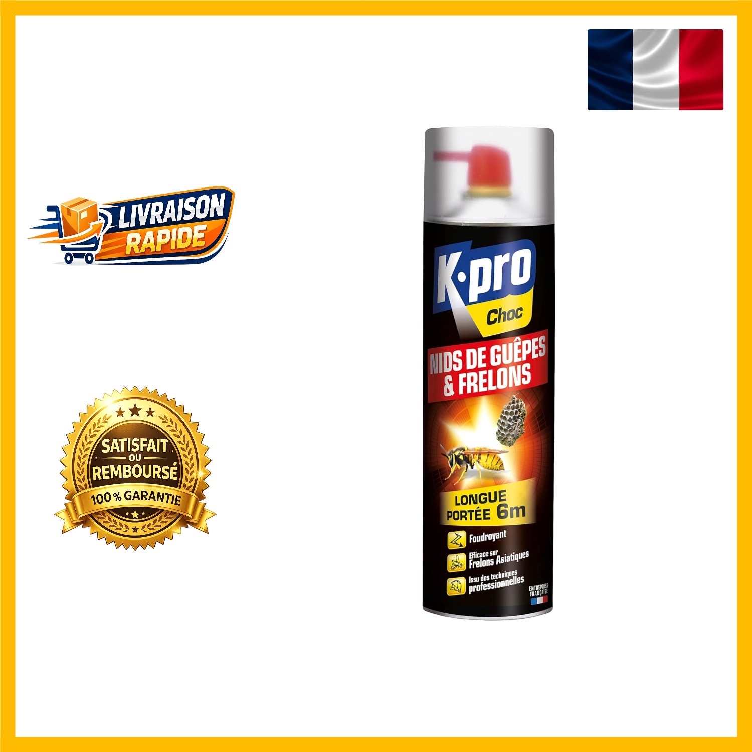 Aérosol foudroyant frelons et guêpes K.PRO 500ml pour détruire les nids en hauteur à distance