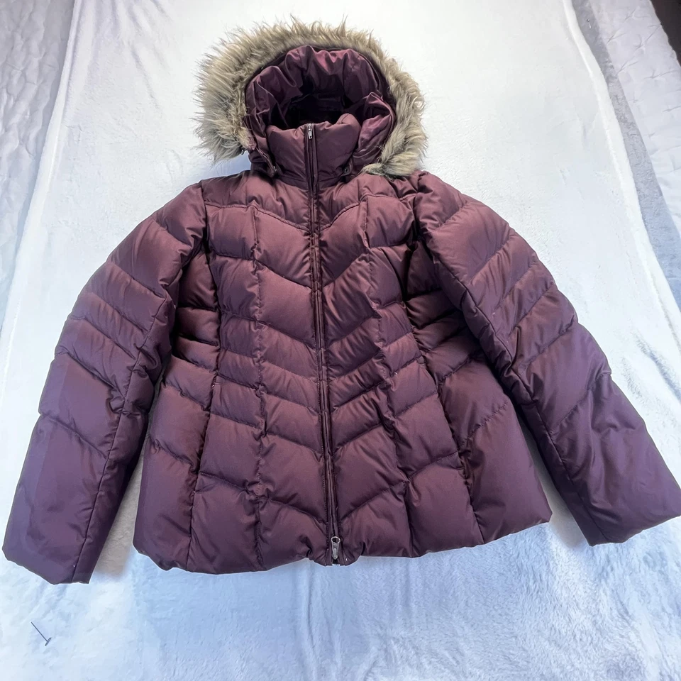 Lands End Girls Down Puffer Coat Sz L Fur Trim Removable Hood Zip Pockets - Image 3 of 4