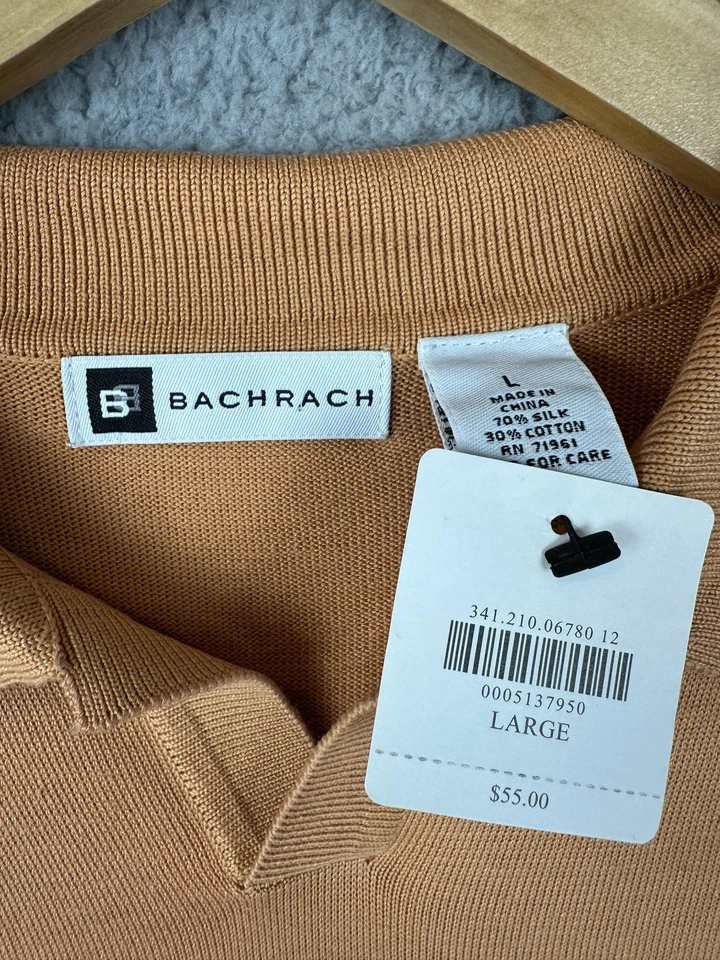 Bachrach Shirt Mens L Silk Tan Knit Polo Johnny Collar Textured Short Sleeve New - Image 3 of 4