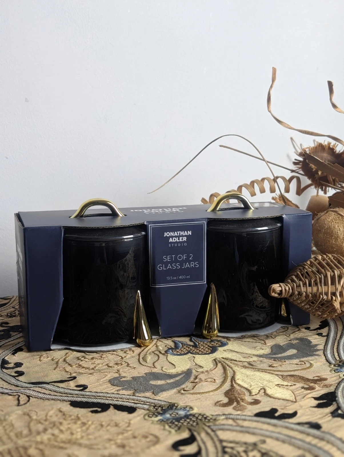 Jonathan Adler Art Deco Black Gold Storage Jars With Lid NWT (2)