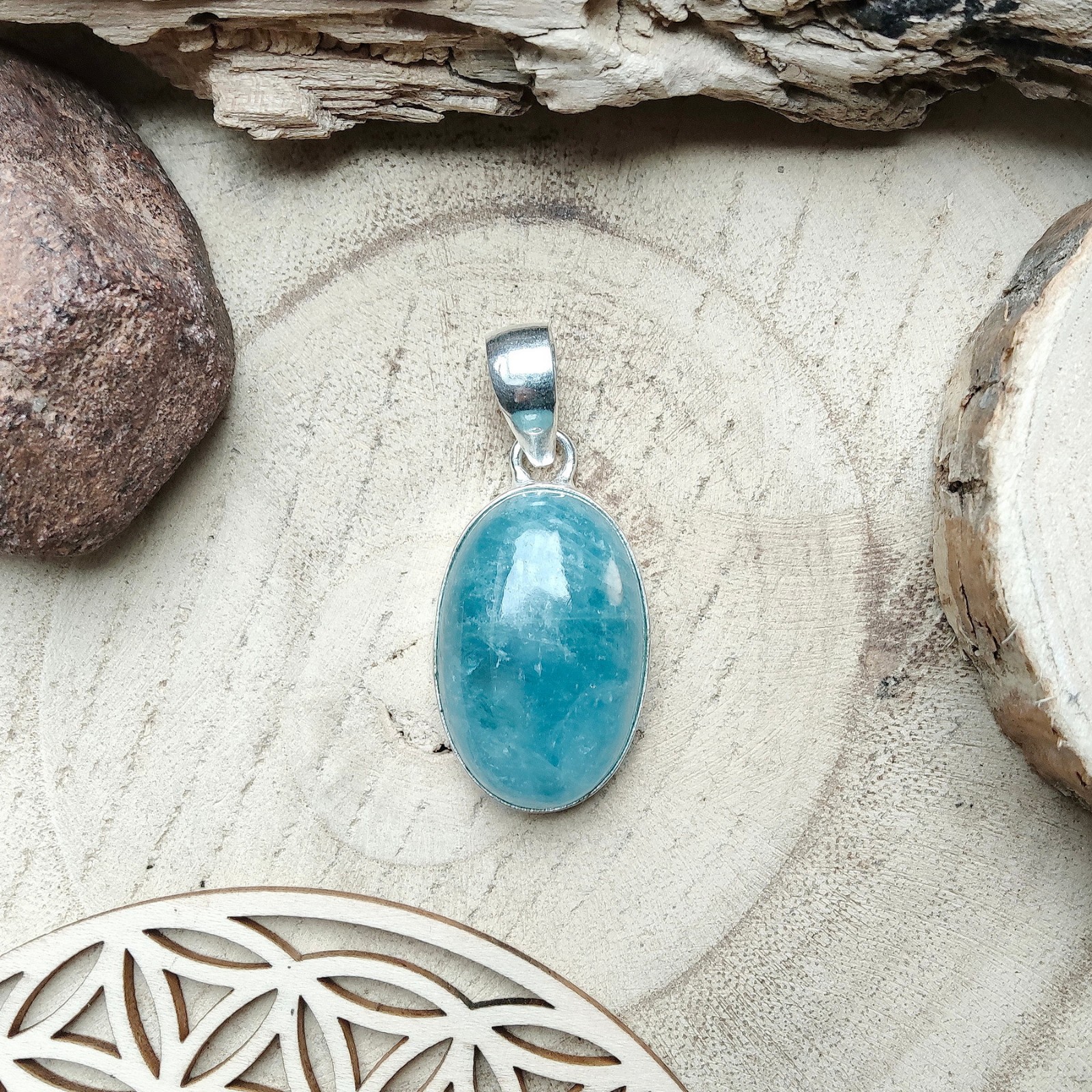 Pendentif aigue marine véritable chaîne argent massif artisanat d'art pièce unique