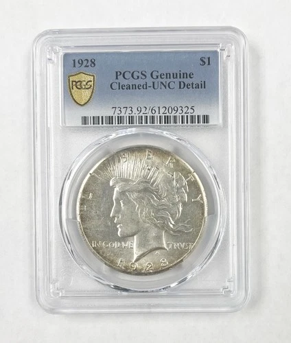 1928 US Mint 90% Silver Peace $1 Dollar Coin Certified PCGS Unc Detail Cleaned