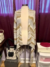 Knox Rose Open Front Shawl Sweater Cardigan Fringe Metallic Beige Gold Silver  M
