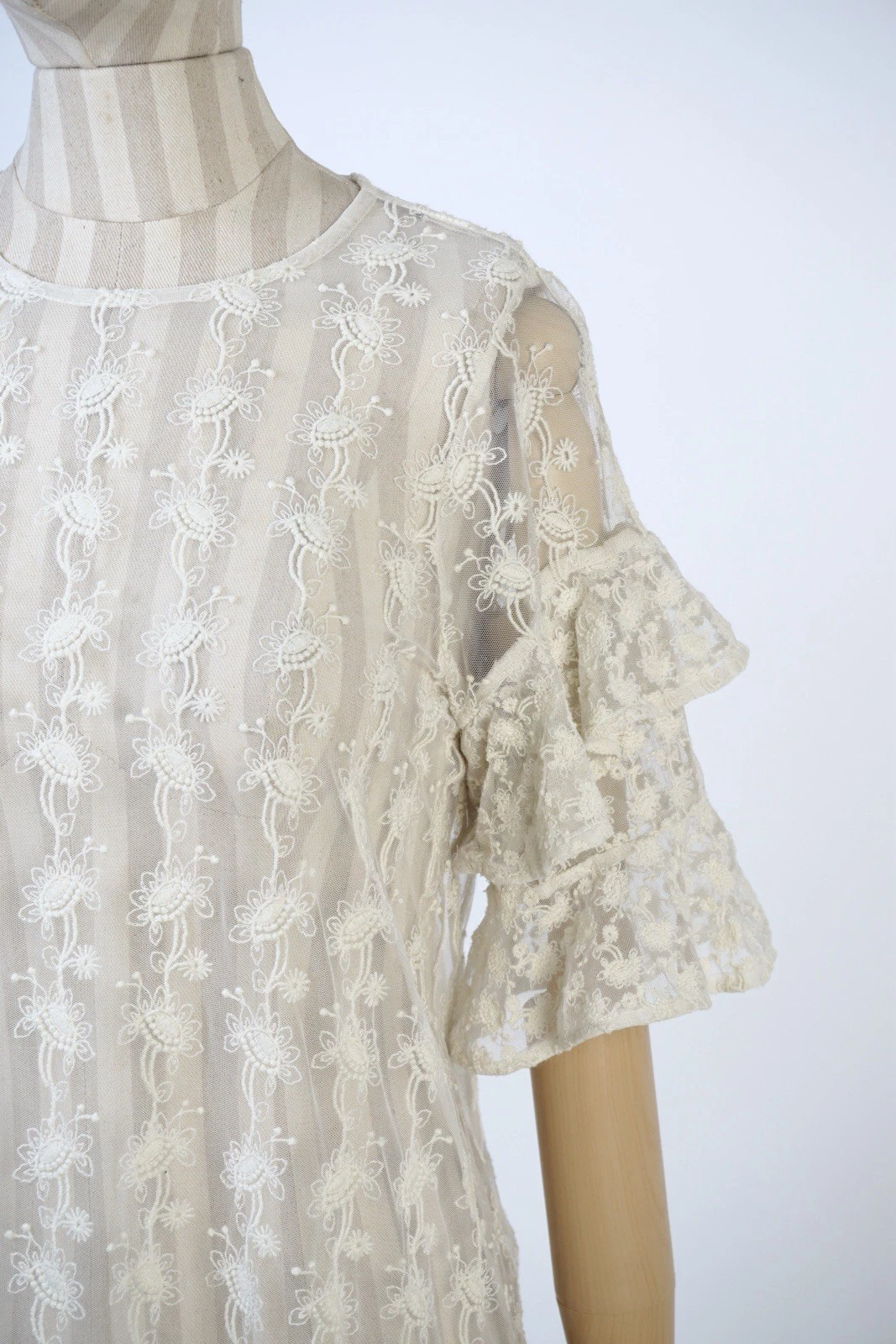 OFF WHITE Mini abito Allsaints bianco pizzo maniche medie volant floreale foderato trasparente