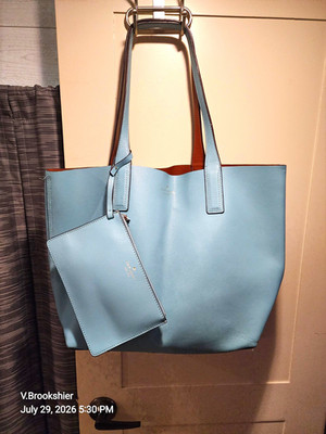 Kate Spade New York Reversible Blue Tote with Pouch, Logo Accents Brown Lining