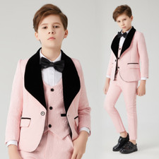 Boys Formal Pink Suit Kids Birthday Dress Blazer Vest Pants 3pcs Tuxedo Costume