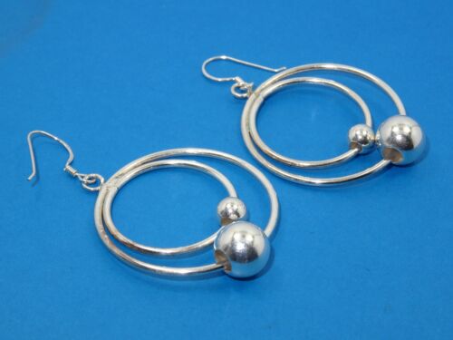 DESIGNER LARGE DOUBLE LOOP MOVING BEAD ORBIT STERLING EARRINGS 1.75" - 11.2 g