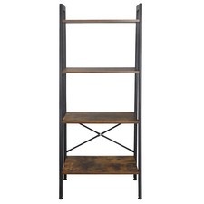 Bookshelf Leaning Metal Bookcase Storage Wall Ladder Multi Shelves Rustic Brown