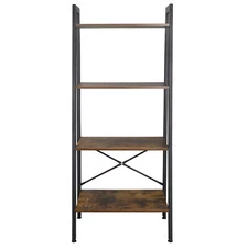 Bookshelf Leaning Metal Bookcase Storage Wall Ladder Rustic Brown Multi Shelves 