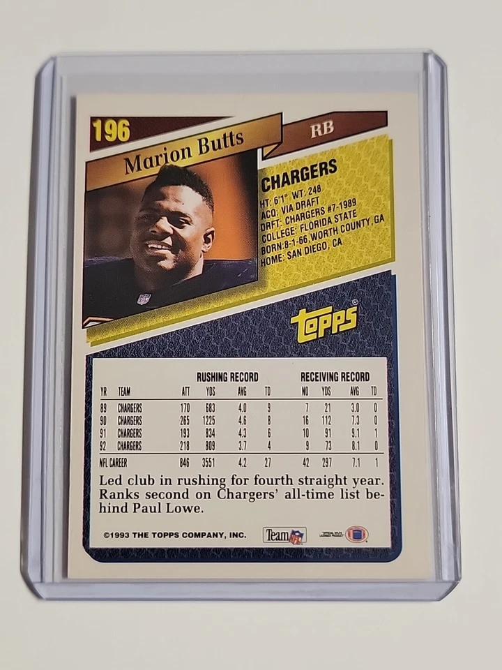 1993 Topps # 196 MARION BUTTS San Chargers Florida State RB Mint Shape Card - Image 2 of 2