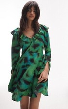 TOPSHOP Ruffle Neck Tea Dress Green Long Sleeve Split Cuffs Elastic Back Women 6