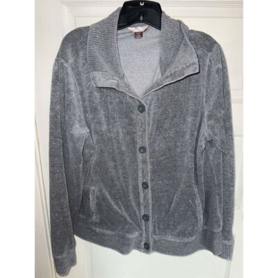 Cozy Grey Velour Button-Up Cardigan Sweater Jacket Casual White Stag Size XXL