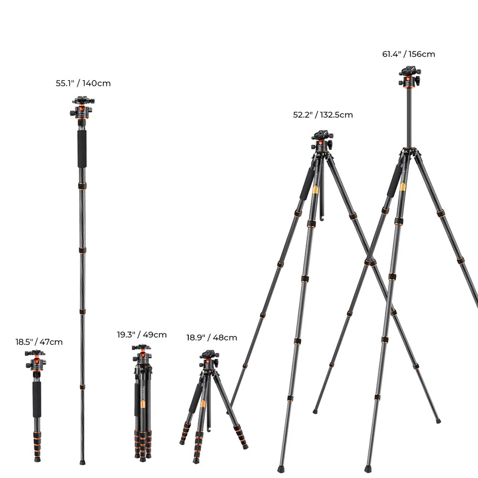 K&F Concept 62" Camera Tripod Pro Carbon Fiber Monopod Metal Ball Head fr Travel - Image 3 of 4