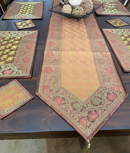 Table Decor Set Silk Table Runner Brown 6 Place Mat 6 Coaster Formal Dining Set - Picture 5 of 9