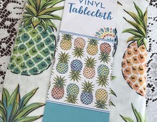 Summer Vinyl/PEVA Polyester Back Tablecloth 52x70 Oblong PINEAPPLES New