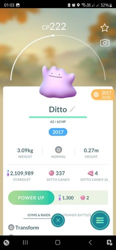 Ditto ( Caught In 2017 ) Pokemon Tr@de Go