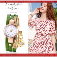Womens Multi-layer Leather CZ Bow Charm Bracelet Band Round Quartz Wrist Watch