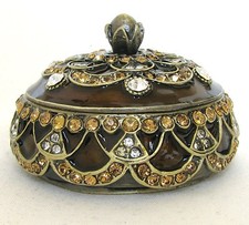 NEW BROWN GOLD BRASS+ORANGE CRYSTAL GEMS JEWELRY BOX+CONTAINER,LID+BOX J-2055